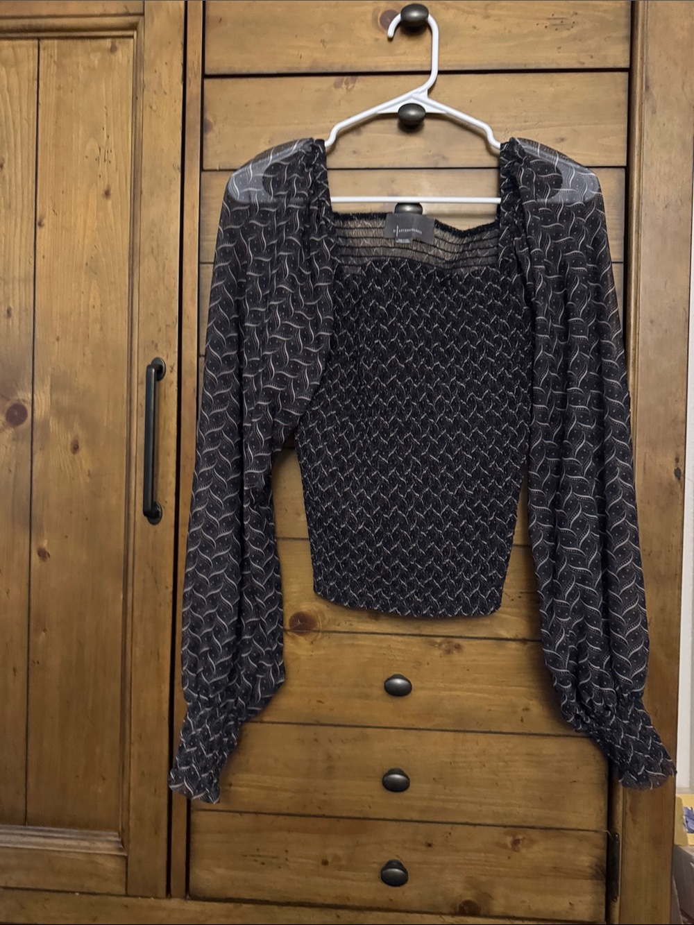 Anthropologie Charcoal Smocked Square-Neck Blouse with Sheer Patterned Sleeves